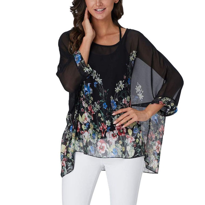 Ckikiou Plus Size Batwing Flowy Semi Sheer Chiffon Blouse Tunic for Women Summer Floral Print Boho Beach Cover ups - Image 2